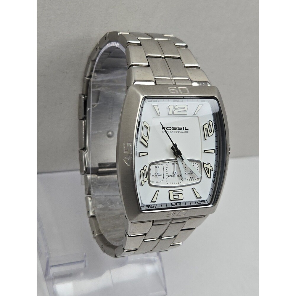 Mens Fossil 41mm Chrono Silver Watch Stainless Steel White Dial 100M New Battery - Picture 3 of 11